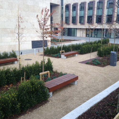 Benches, litter bins, cycle stands, ashtrays, bollards, and ground sockets supplied by Larkin Engineering at University College Dublin campus